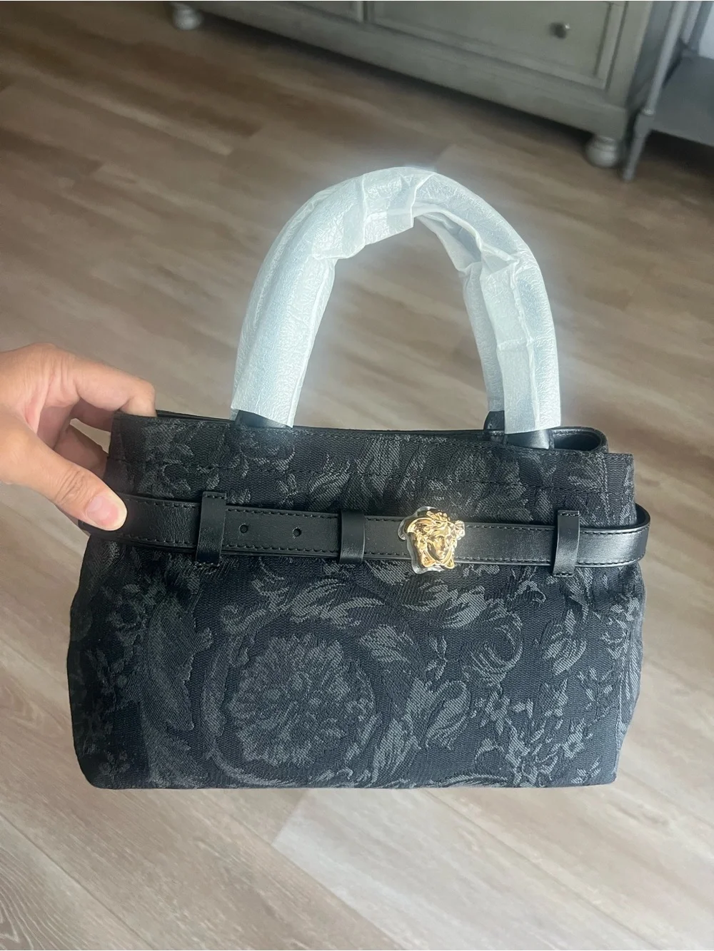 Versace Black Jacquard Top-Handle Bag with Gold Medallion